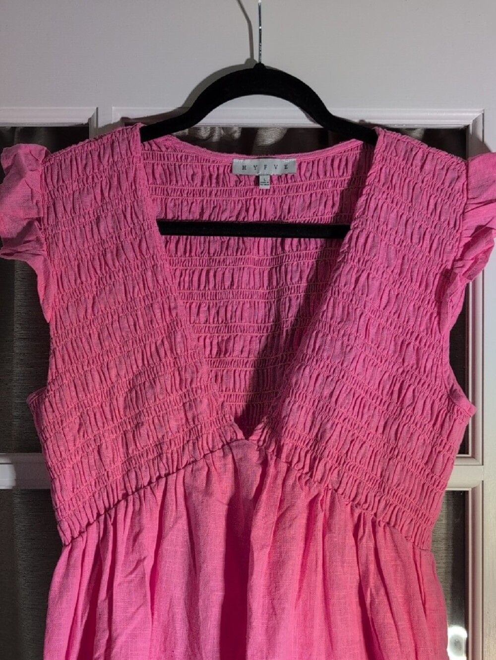 HYFVE Pink Smocked V-Neck Tiered Ruffle Sleeve Dress - Picture 2 of 6